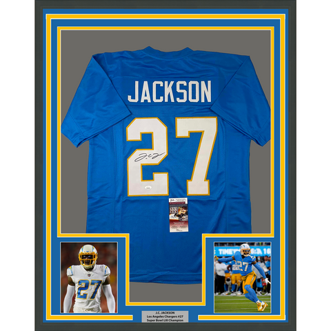 Framed Autographed/Signed JC J.C. Jackson 33x42 LA Powder Blue Jersey JSA COA