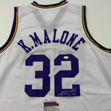 Autographed/Signed Karl Malone Utah White Retro Basketball Jersey JSA COA