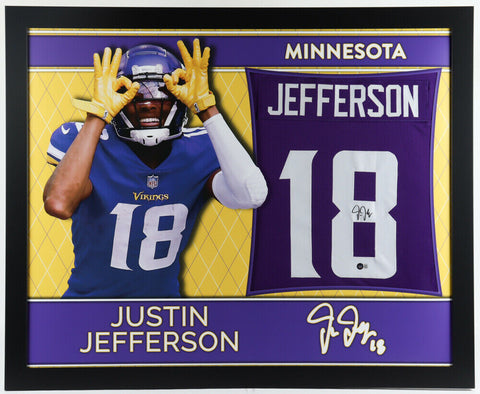 Justin Jefferson Signed 35x43 Minnesota Vikings Framed Jersey (Beckett Hologram)