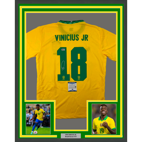 Framed Autographed/Signed Vini Vinicius #18 33x42 Brazil Yellow Jersey BAS COA