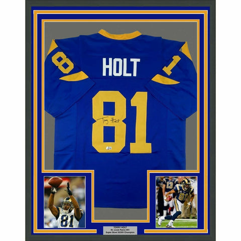 FRAMED Autographed/Signed TORRY HOLT 33x42 St. Louis Retro Blue Jersey BAS
