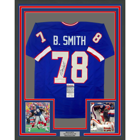 Framed Autographed/Signed Bruce Smith 33x42 Buffalo Blue Football Jersey JSA COA
