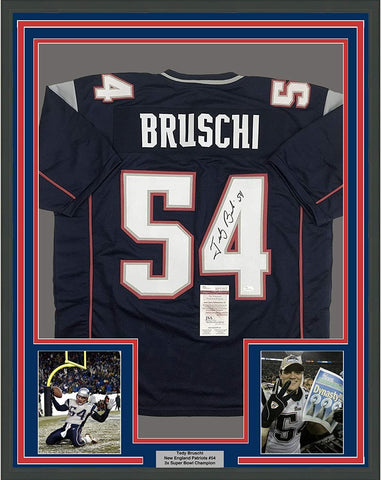 Framed Autographed/Signed Tedy Bruschi 33x42 New England Blue Jersey JSA COA