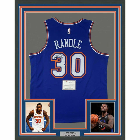 FRAMED Autographed/Signed JULIUS RANDLE 33x42 Knicks Blue Jersey Fanatics COA
