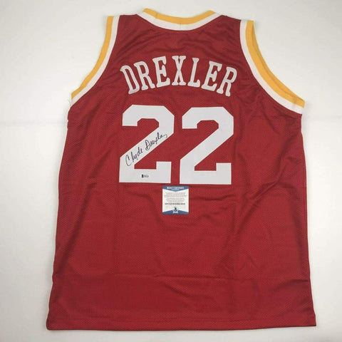 Autographed/Signed Clyde Drexler Houston Red Basketball Jersey Beckett BAS COA