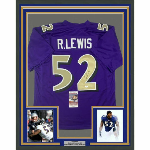 FRAMED Autographed/Signed RAY LEWIS 33x42 Color Rush Football Jersey JSA COA