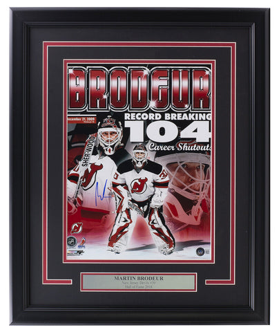 Martin Brodeur New Jersey Devils Framed Autographed Devils Career Statistic  Hockey Puck Shadowbox with Hall of Fame Night Official Game Puck