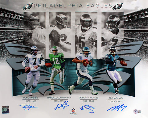 Eagles QBs (4) McNabb, Cunningham, Jaworski & Vick Signed 16x20 Photo BAS Wit