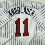 Autographed/Signed Chuck Knoblauch Minnesota Pinstripe Baseball Jersey Leaf COA
