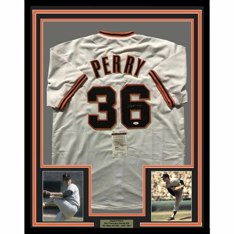 FRAMED Autographed/Signed GAYLORD PERRY 33x42 San Francisco White Jersey JSA COA