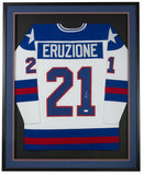 Mike Eruzione Signed Framed 32x36 Custom White Pro Style Hockey Jersey JSA ITP