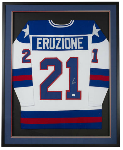 Mike Eruzione Signed Framed 32x36 Custom White Pro Style Hockey Jersey JSA ITP