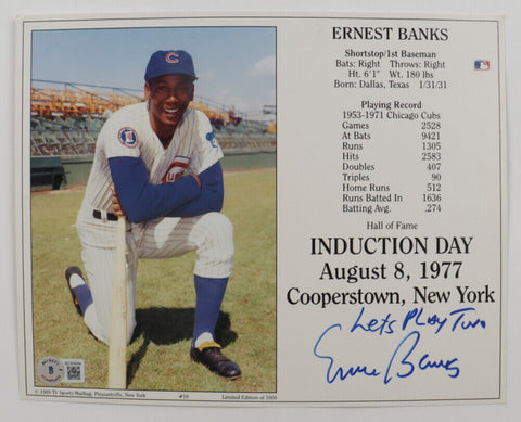 Ernie Banks Signed Cubs 8x10 Career Stat Photo Inscribed Lets Play Two (Beckett)