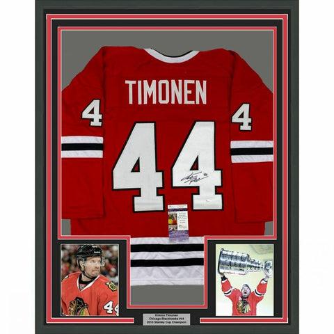 FRAMED Autographed/Signed KIMMO TIMONEN 33x42 Chicago Red Jersey JSA COA Auto