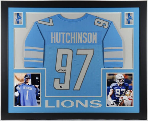 Aidan Hutchinson Signed 35x43 Framed Detroit Lion Jersey (Beckett) #2 Pick 2022