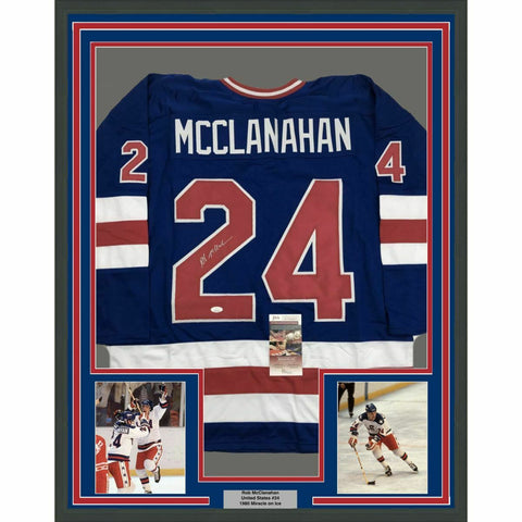 FRAMED Autographed/Signed ROB MCCLANAHAN 33x42 Blue USA Miracle Jersey JSA COA