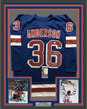 Framed Autographed/Signed Glenn Anderson 94 SC 33x42 NY Blue Jersey JSA COA