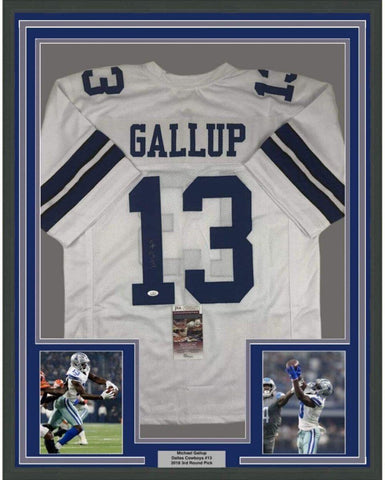 Framed Autographed/Signed Michael Gallup 33x42 Dallas White Jersey JSA COA