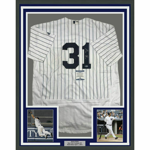 FRAMED Autographed/Signed AARON HICKS 33x42 New York Pinstripe Jersey BAS COA