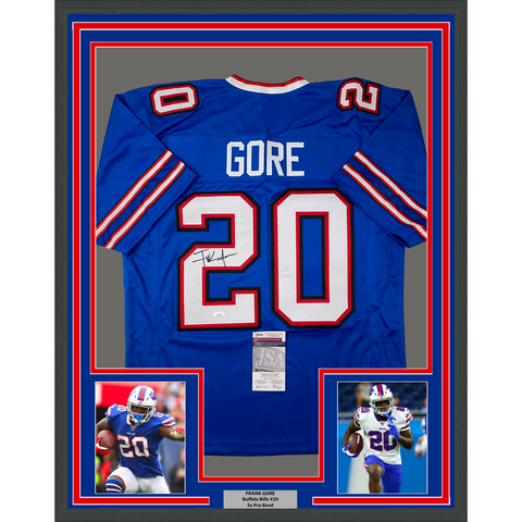 Framed Autographed/Signed Frank Gore 33x42 Buffalo Blue Football Jersey JSA COA