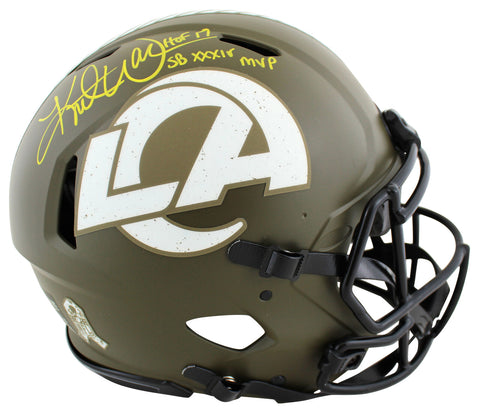 Rams Kurt Warner 2x Insc Signed Salute To Service F/S Speed Proline Helmet BAS W