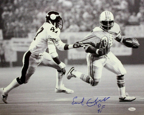 Earl Campbell Autographed Oilers 16x20 B&W Against Steelers Photo- JSA W Auth