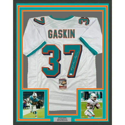 FRAMED Autographed/Signed MYLES GASKIN 33x42 Miami White Football Jersey JSA COA