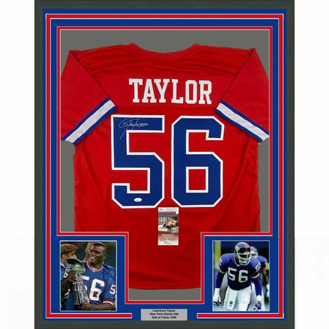 FRAMED Autographed/Signed LAWRENCE TAYLOR 33x42 New York Red Jersey JSA COA Auto