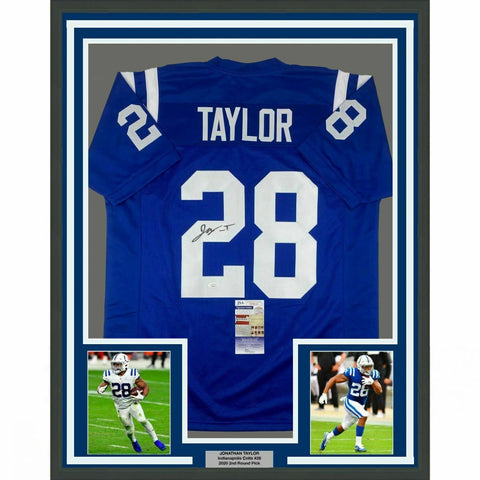 FRAMED Autographed/Signed JONATHAN TAYLOR 33x42 Indianapolis Blue Jersey JSA COA