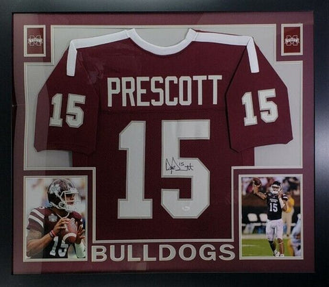 Dak Prescott Signed Mississippi State Bulldogs Jersey Framed Display (JSA COA)