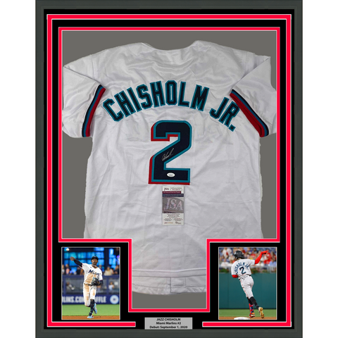 Framed Autographed/Signed Jazz Chisholm Jr. 33x42 Miami White Jersey JSA COA