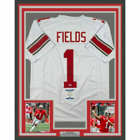 FRAMED Autographed/Signed JUSTIN FIELDS 33x42 Ohio State White Jersey BAS COA