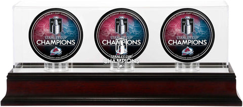 Avalanche 2022 Stanley Cup Champs Mahogany Three Hockey Puck Logo Display Case