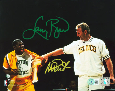 Magic Johnson & Larry Bird Authentic Signed 8x10 Retirement Photo BAS Witnessed