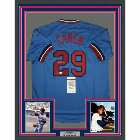 FRAMED Autographed/Signed ROD CAREW 33x42 Minnesota Blue Baseball Jersey JSA COA