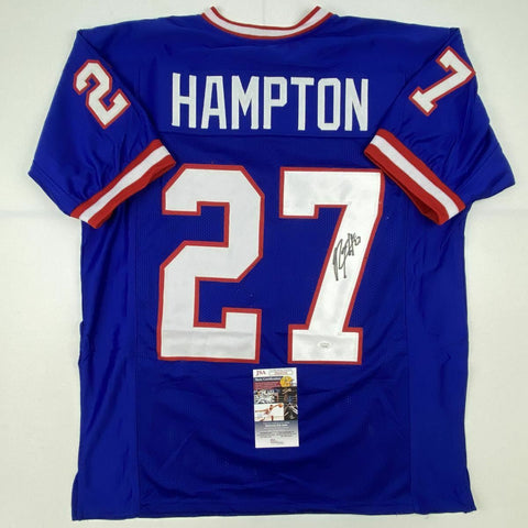 Autographed/Signed RODNEY HAMPTON New York Blue Football Jersey JSA COA Auto