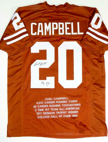 Earl Campbell Autographed Orange College Style Jersey STAT 4 w/ HT- JSA W *Black