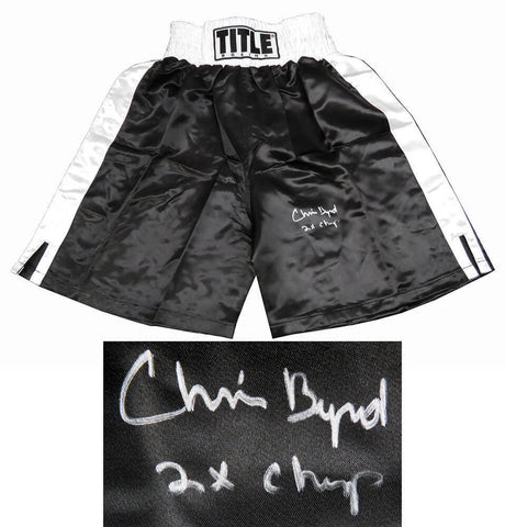 Chris Byrd Signed Title Black Boxing Trunks w/2x Champ - SCHWARTZ COA