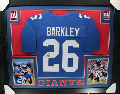 SAQUON BARKLEY (Giants blue SKYLINE) Signed Autographed Framed Jersey JSA