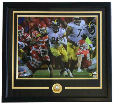 AS-IS Le'Veon Bell Signed Framed 16x20 Pittsburgh Steelers Run vs KC Photo JSA
