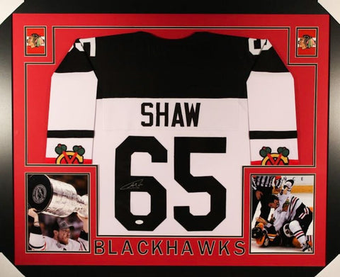 Andrew Shaw Signed Blackhawks 35x43 Custom Framed Jersey (JSA COA)