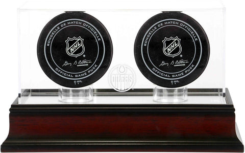 Edmonton Oilers Mahogany Two Hockey Puck Logo Display Case