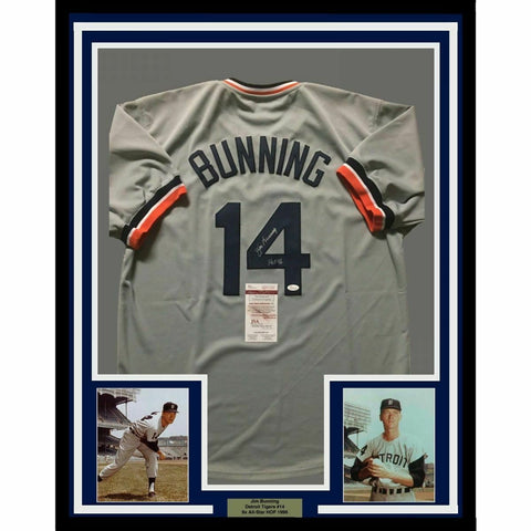 FRAMED Autographed/Signed JIM BUNNING 33x42 Detroit Grey Baseball Jersey JSA COA