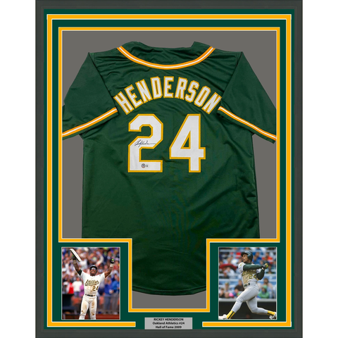 Framed Autographed/Signed Rickey Henderson 33x42 Oakland Green Jersey BAS COA