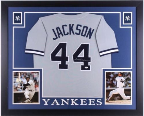 Reggie Jackson Signed New York Yankees 35x43 Custom Framed Jersey (JSA COA)