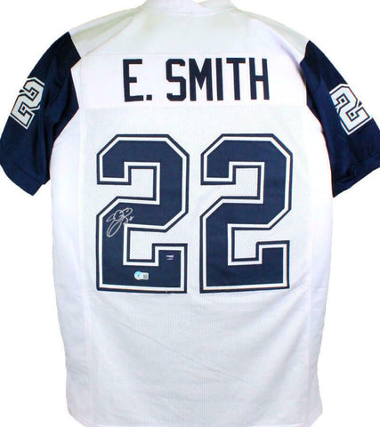 Emmitt Smith Autographed White/Blue Pro Style Jersey- Beckett W Hologram *Silver