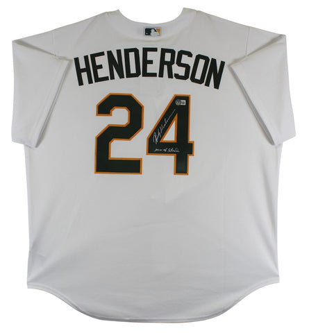Athletics Rickey Henderson "Man Of Steal" Signed White Nike Jersey BAS Witnessed