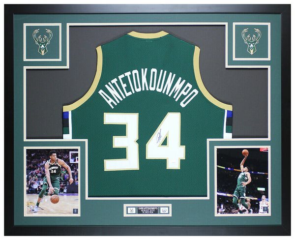 Giannis Antetokounmpo Autographed Framed Green Bucks Jersey