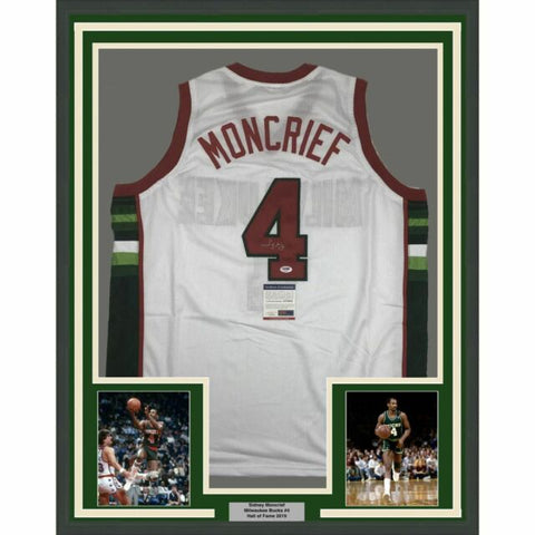 FRAMED Autographed/Signed SIDNEY MONCRIEF 33x42 Milwaukee White Jersey PSA COA