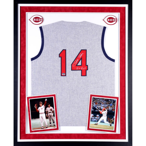 Pete Rose Cincinnati Reds Deluxe Framed Autographed 1965 Mitchell & Ness Gray Jersey with Hit King Inscription